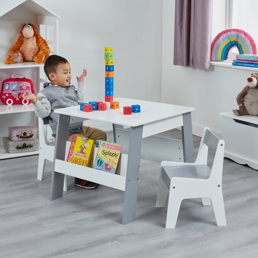 White and Grey Bookshelf Table and Chair Set